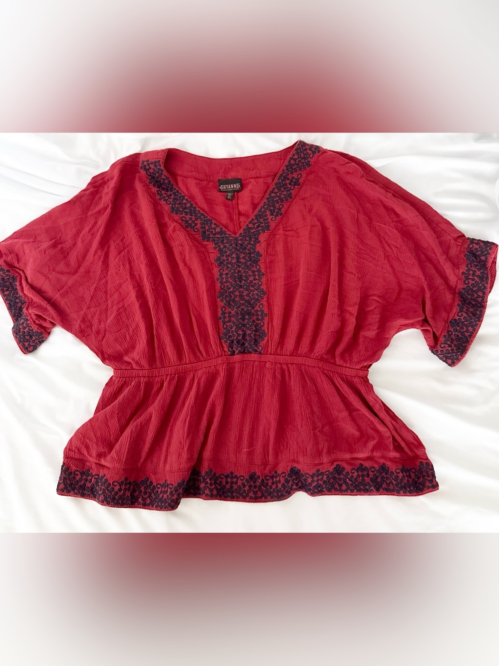 Shyanne Red Peasant Blouse with Black Embroidery